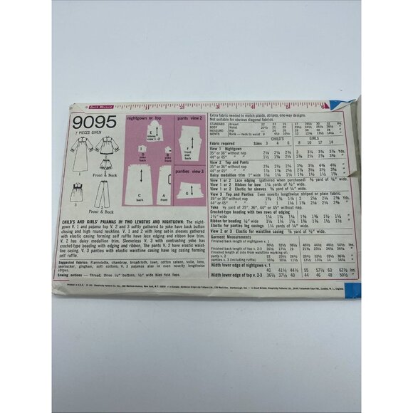 Simplicity Child's Girls Pajamas Two Lengths Nightgown 9095 Sewing Pattern Cut - Picture 2 of 4